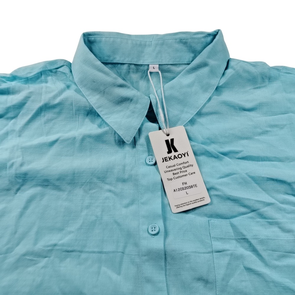 JEKAOYI Women Aqua Blue Short Sleeve‎ Button Down Shirt Size L A12CS2059TE NEW